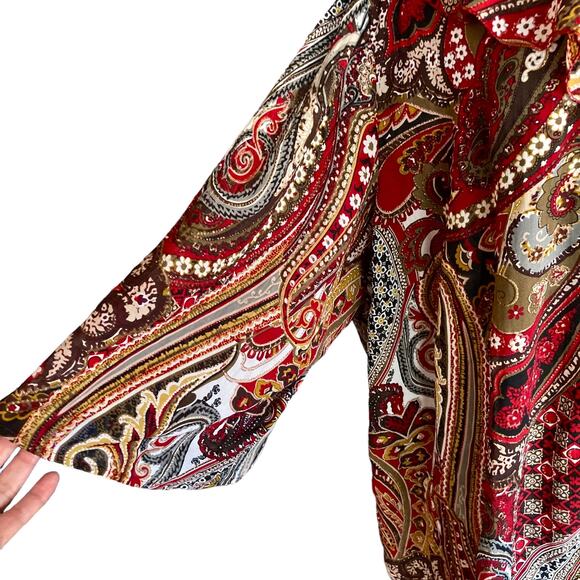 Dressbarn Burgundy Gold Paisley Print Ruffled Collar Chiffon Blouse Size 2X Fall - Picture 3 of 10